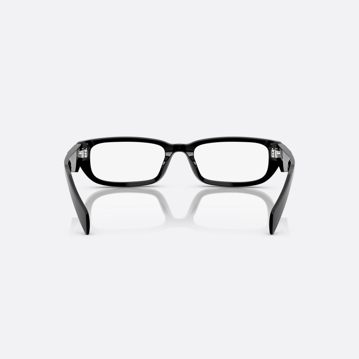 Prada PR B05V 16K1O1 eyeglasses, black visor frame for women, plain bridge, triangular brand logo on temple, back view