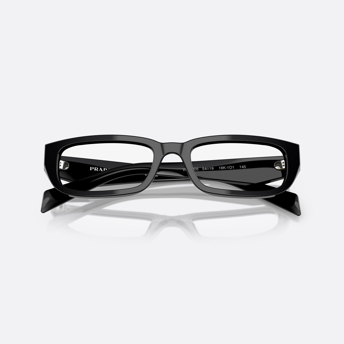 Prada PR B05V 16K1O1 eyeglasses, black visor frame for women, plain bridge, triangular brand logo on temple, folded