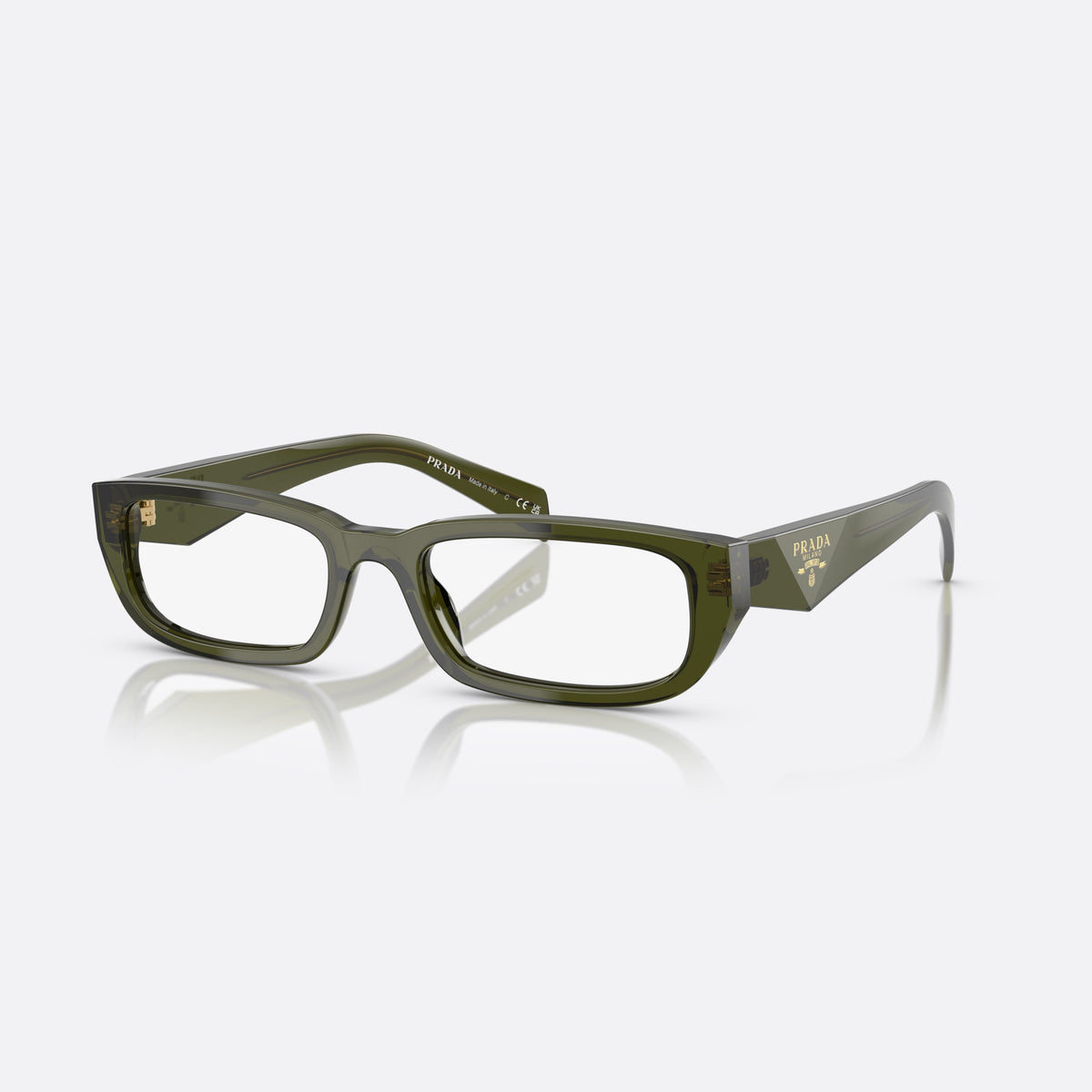 Prada PR B05V 19Z1O1 eyeglasses, green visor frame for women, keyhole bridge, brand lettering on temples, full-rim frame