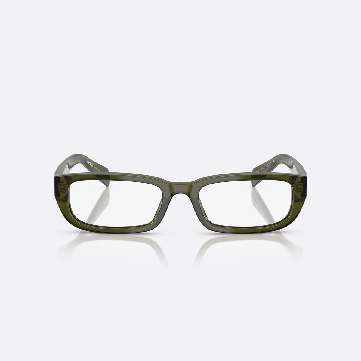 Prada PR B05V 19Z1O1 eyeglasses, green visor frame for women, keyhole bridge, brand lettering on temples, full-rim frame, front view