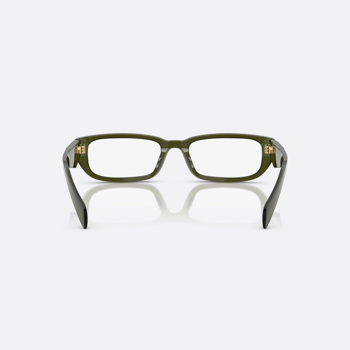 Prada PR B05V 19Z1O1 eyeglasses, green visor frame for women, keyhole bridge, brand lettering on temples, full-rim frame, back view