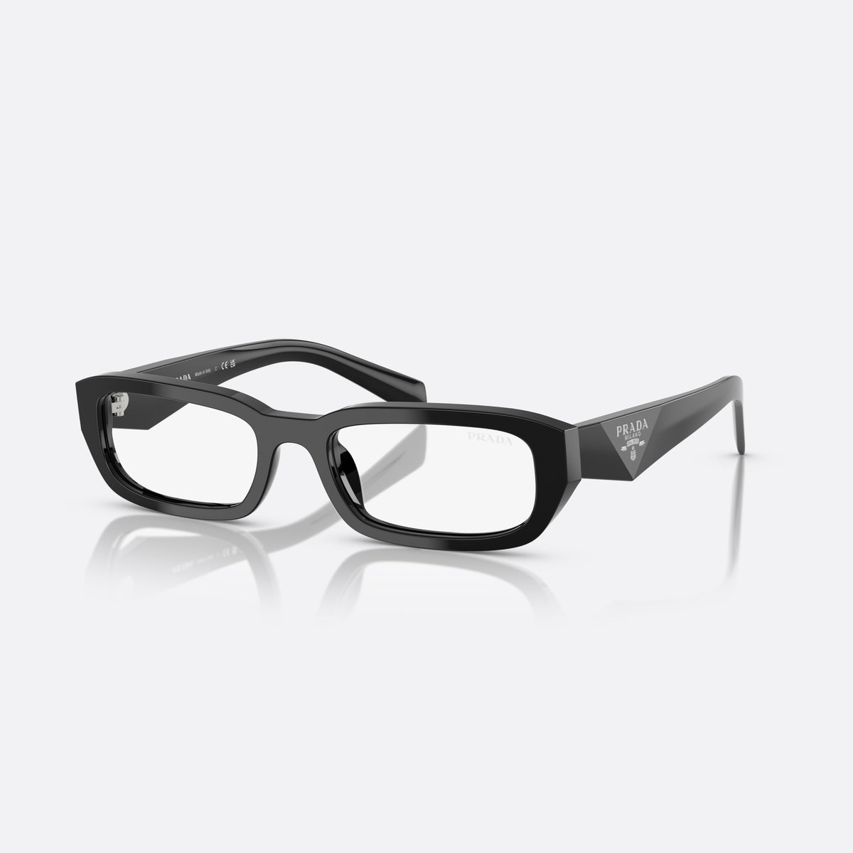 Prada PR B06S 16K08N BL sunglasses, black rectangle frame for women, plain bridge, brand lettering on temples, full-rim frame