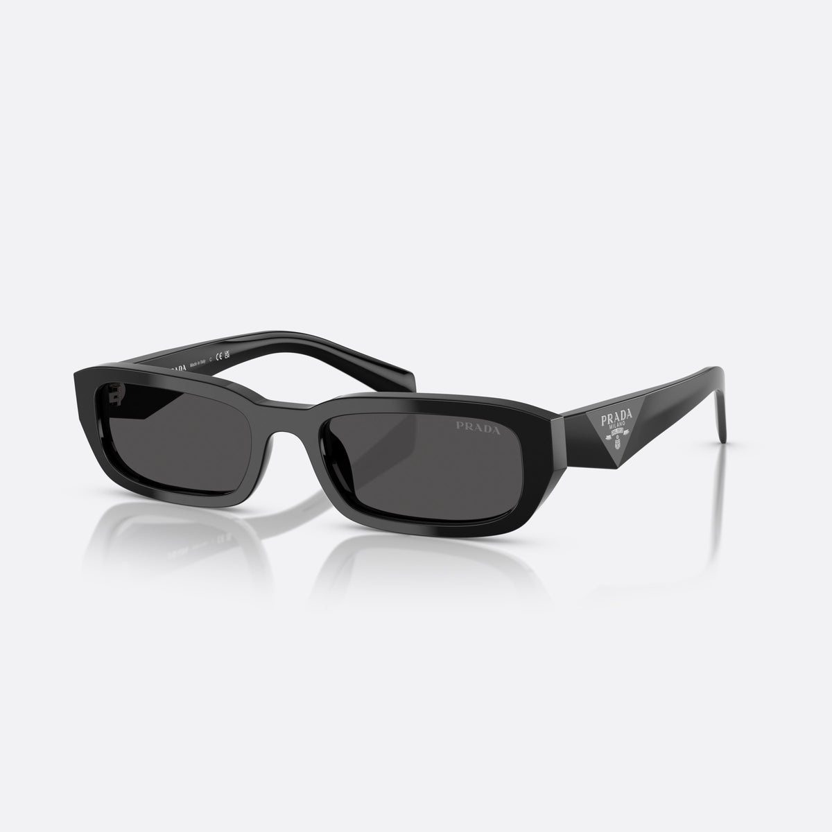 Prada PR B06S 16K08Z BLGR sunglasses, black rectangle frame for women, plain bridge, integrated into frame, wide tapered temples
