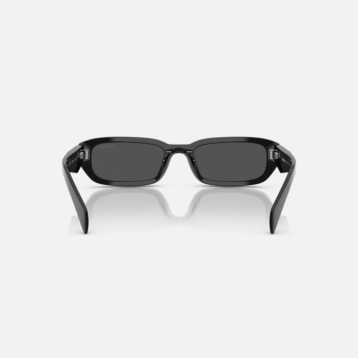 Prada PR B06S 16K08Z BLGR sunglasses, black rectangle frame for women, plain bridge, integrated into frame, wide tapered temples, back view