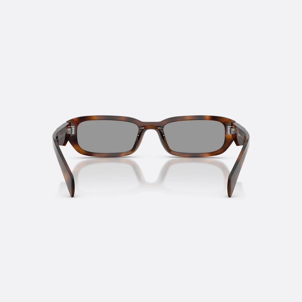 Prada PR B06S 20D50Q sunglasses, havana rectangle frame for women, plain bridge, brand logo plaque on temple, full-rim frame, back view