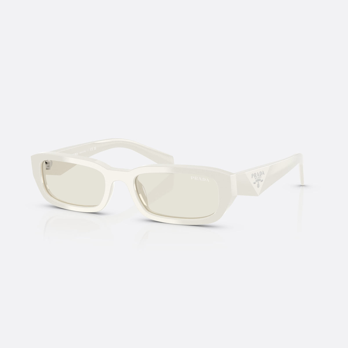 Prada PR B06S 26A40I WHGR sunglasses, white rectangle frame for women, plain integrated bridge, brand logo on temple