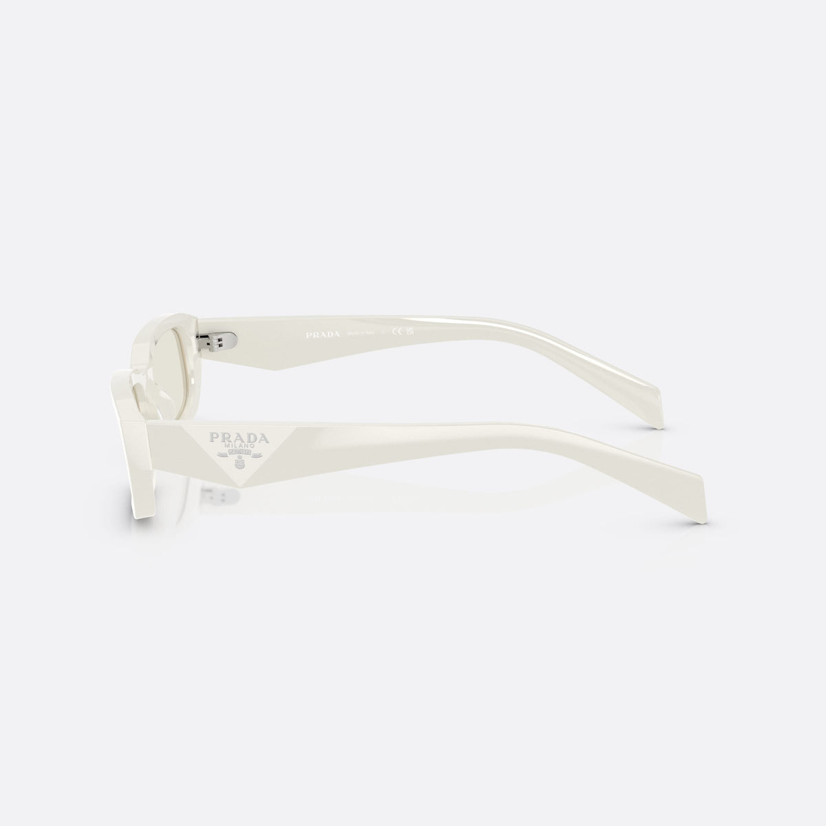 Prada PR B06S 26A40I WHGR sunglasses, white rectangle frame for women, plain integrated bridge, brand logo on temple, side view