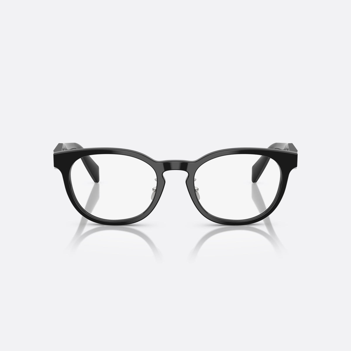 Prada PR B06VD 16K1O1 eyeglasses, black visor frame for women, keyhole bridge, brand lettering on temples, full-rim frame, front view