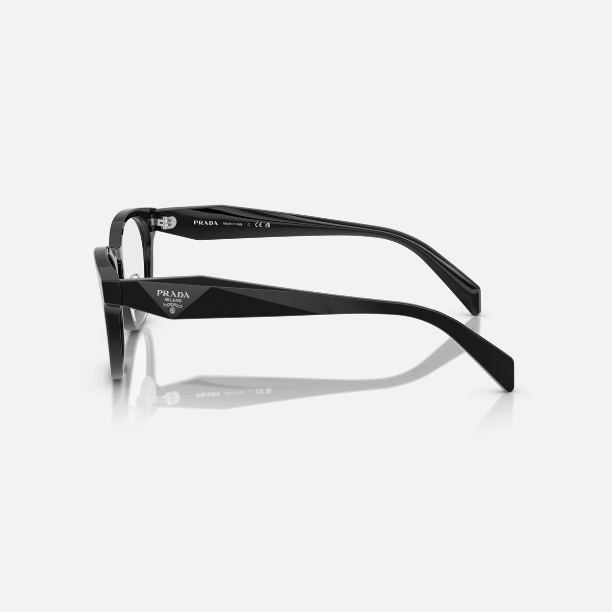 Prada PR B06VD 16K1O1 eyeglasses, black visor frame for women, keyhole bridge, brand lettering on temples, full-rim frame, side view