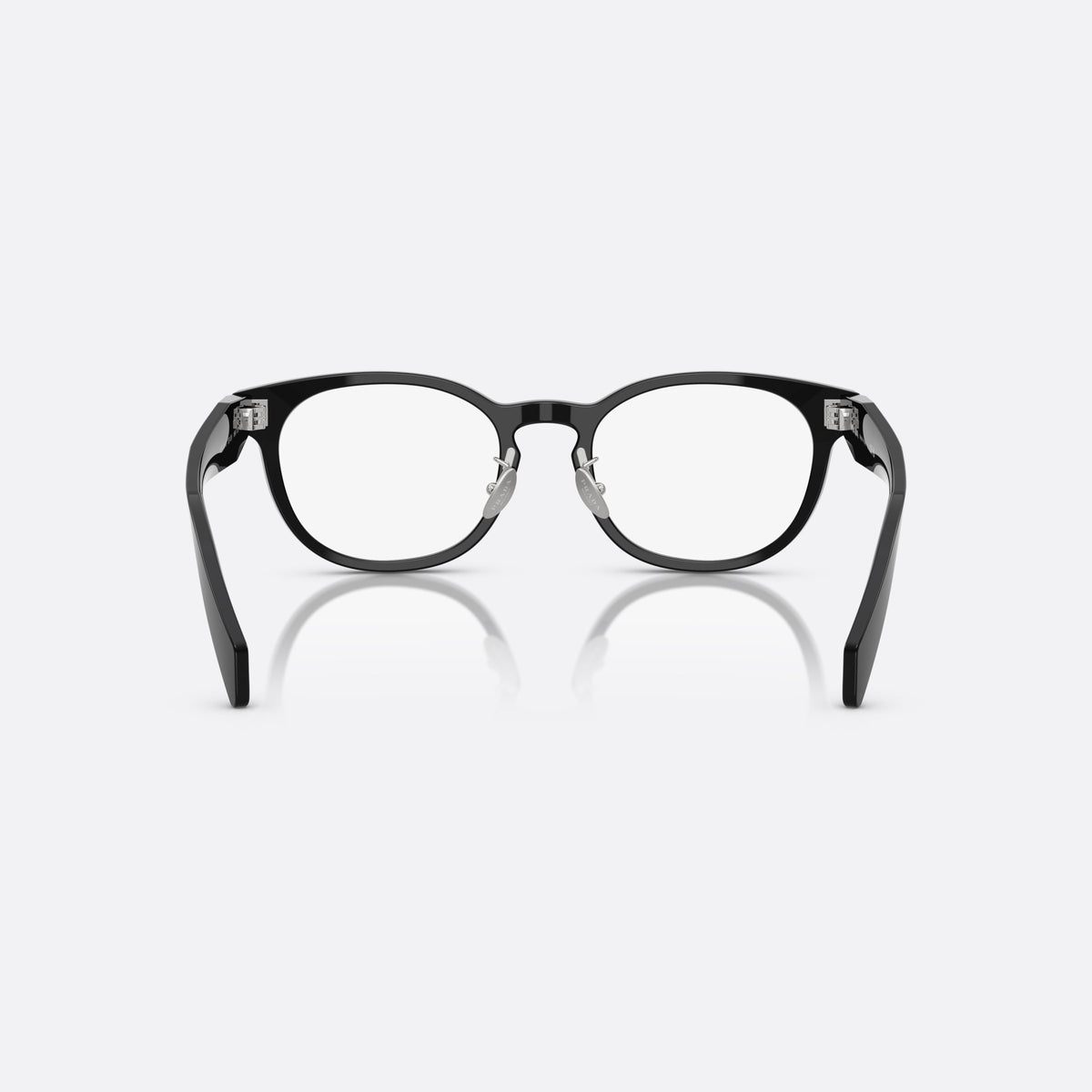Prada PR B06VD 16K1O1 eyeglasses, black visor frame for women, keyhole bridge, brand lettering on temples, full-rim frame, back view