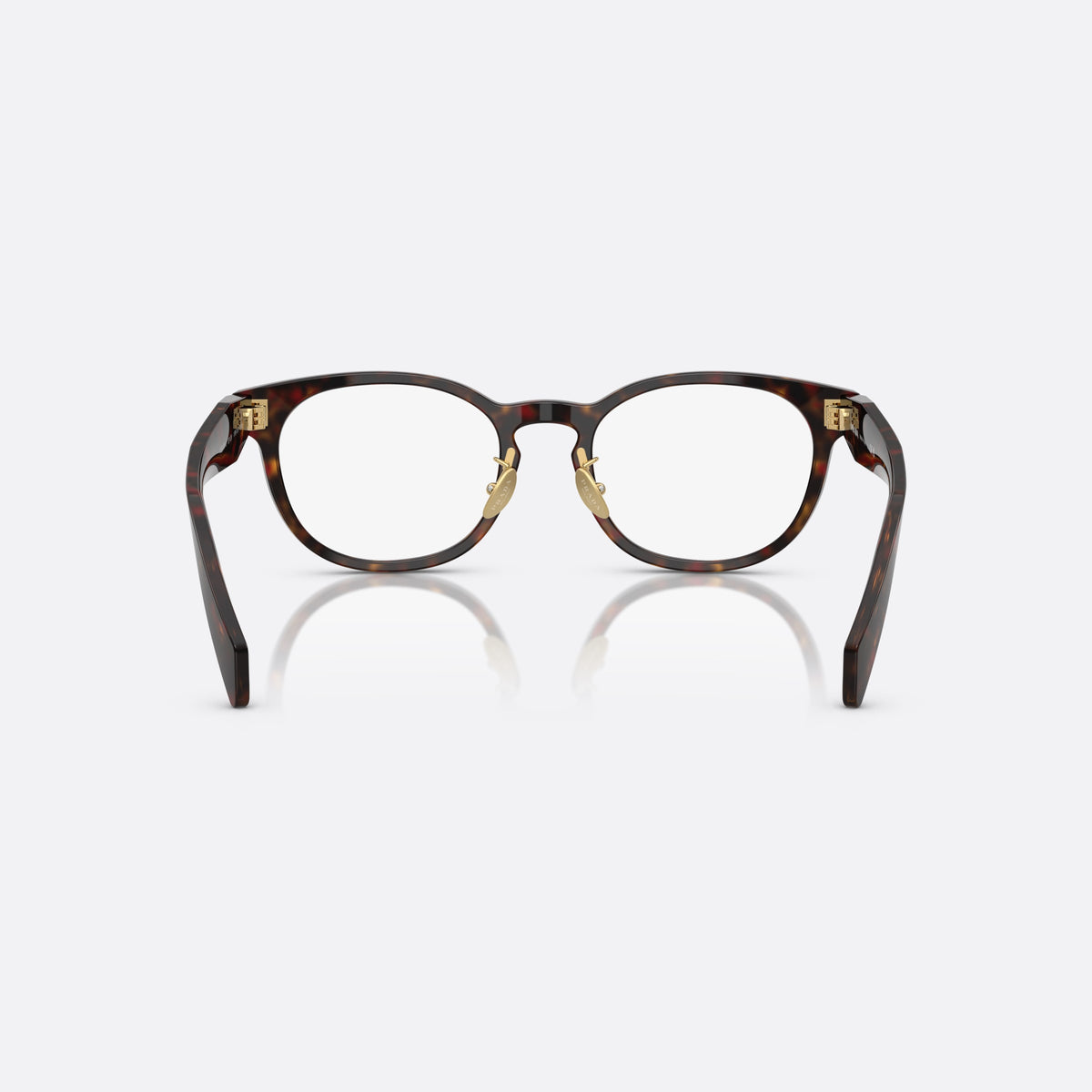 Prada PR B06VD 17N1O1 eyeglasses, havana visor frame for women, plain combined bridge, brand lettering on temples, back view