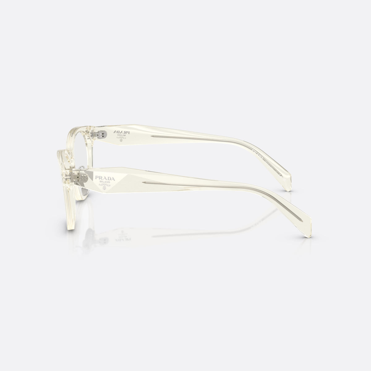 Prada PR B06VD 19X1O1 eyeglasses, white visor frame for women, plain bridge with integrated pads, wide faceted temples, side view