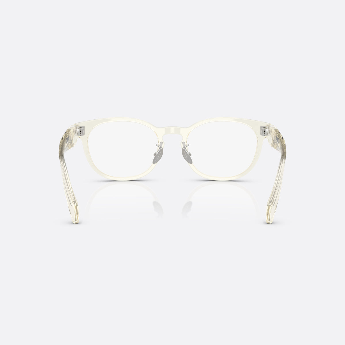 Prada PR B06VD 19X1O1 eyeglasses, white visor frame for women, plain bridge with integrated pads, wide faceted temples, back view
