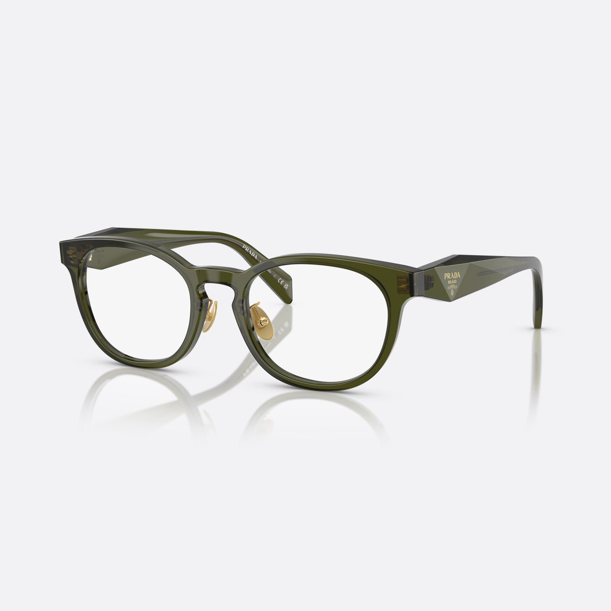 Prada PR B06VD 19Z1O1 eyeglasses, green visor frame for women, plain bridge with acetate, brand logo plaque on temple