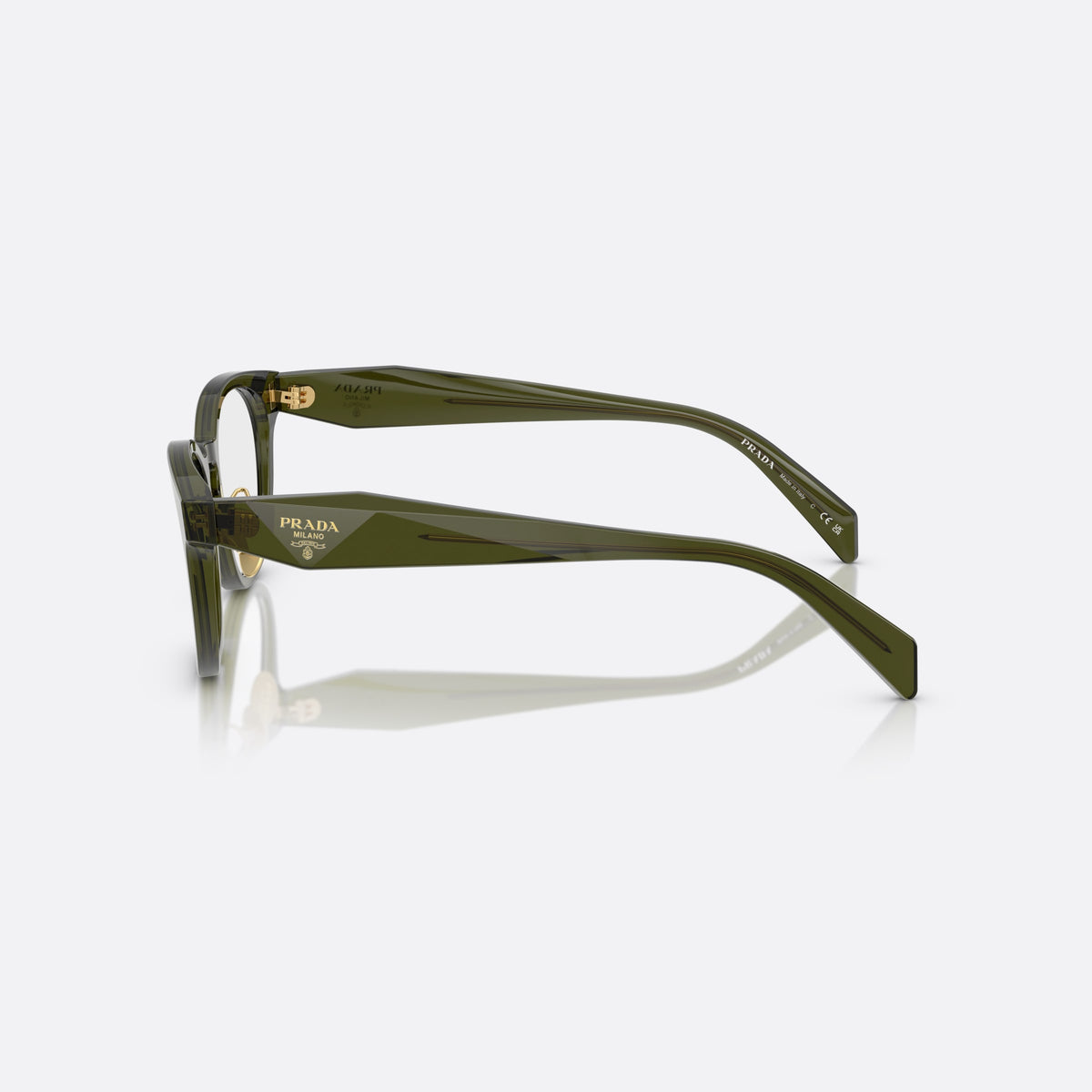 Prada PR B06VD 19Z1O1 eyeglasses, green visor frame for women, plain bridge with acetate, brand logo plaque on temple, side view