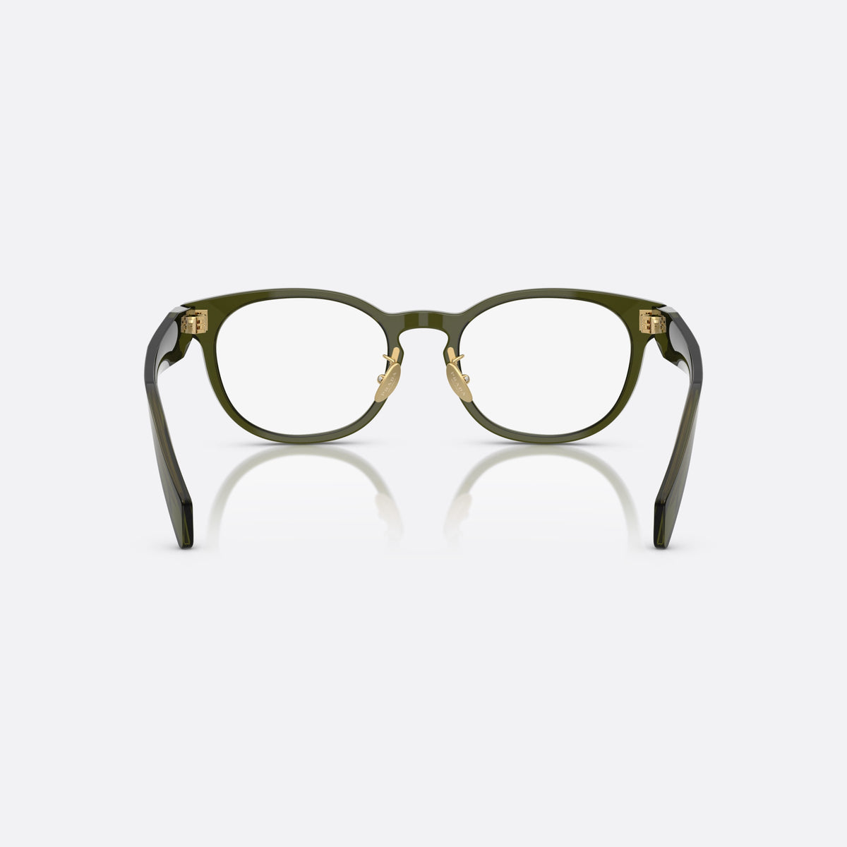 Prada PR B06VD 19Z1O1 eyeglasses, green visor frame for women, plain bridge with acetate, brand logo plaque on temple, back view