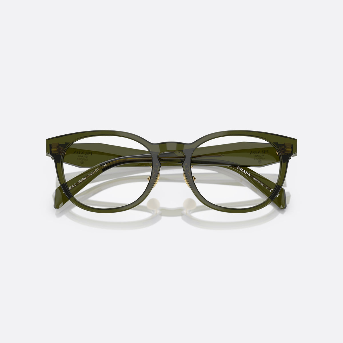 Prada PR B06VD 19Z1O1 eyeglasses, green visor frame for women, plain bridge with acetate, brand logo plaque on temple, folded