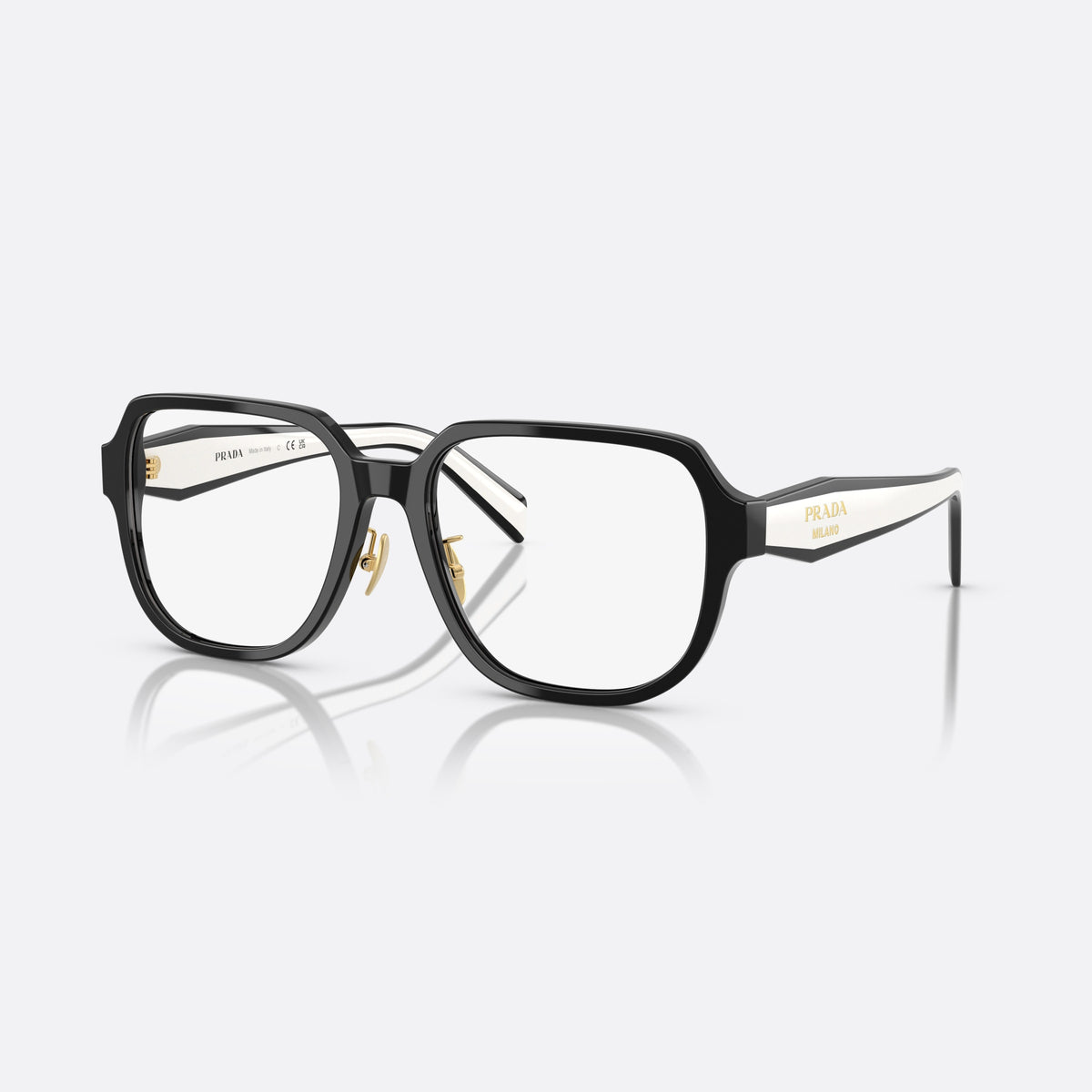 Prada PR B07VD 16K1O1 eyeglasses, black visor frame for women, brand lettering on temples, full-rim thick frame