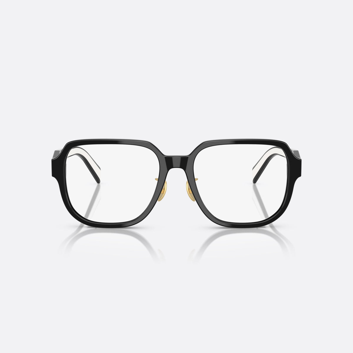 Prada PR B07VD 16K1O1 eyeglasses, black visor frame for women, brand lettering on temples, full-rim thick frame, front view