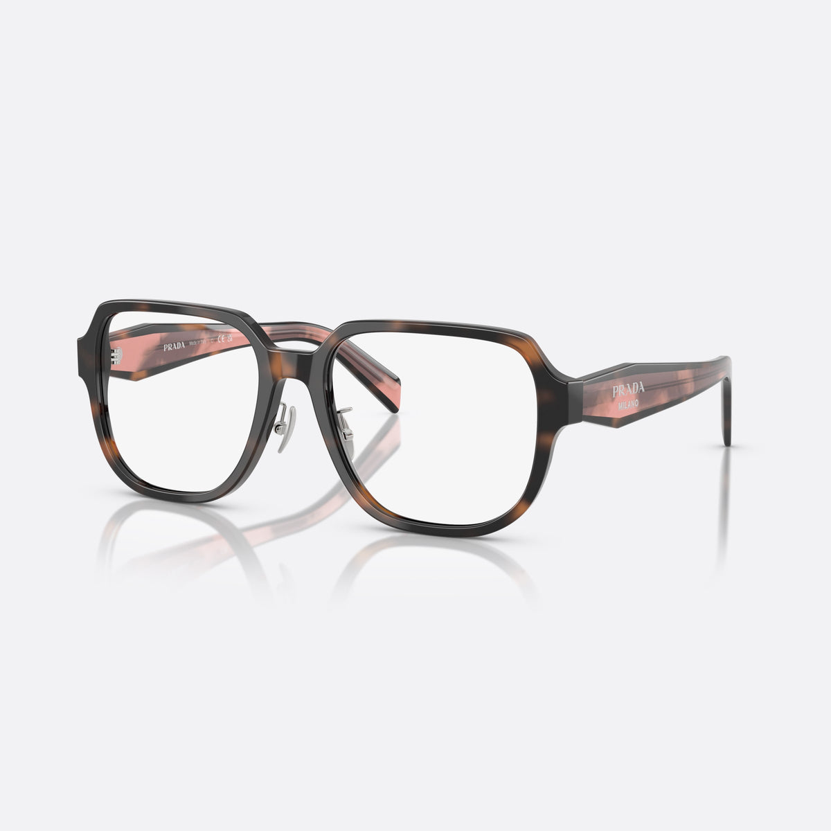 Prada PR B07VD 23A1O1 eyeglasses, havana visor frame for women, brand lettering on temples, full-rim thick frame