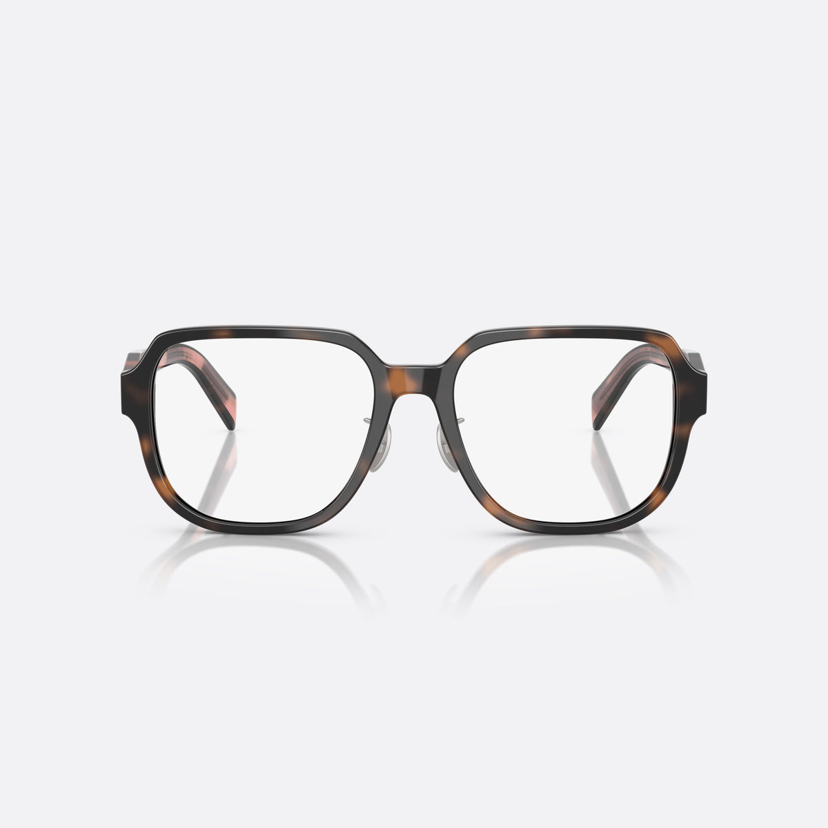 Prada PR B07VD 23A1O1 eyeglasses, havana visor frame for women, brand lettering on temples, full-rim thick frame, front view