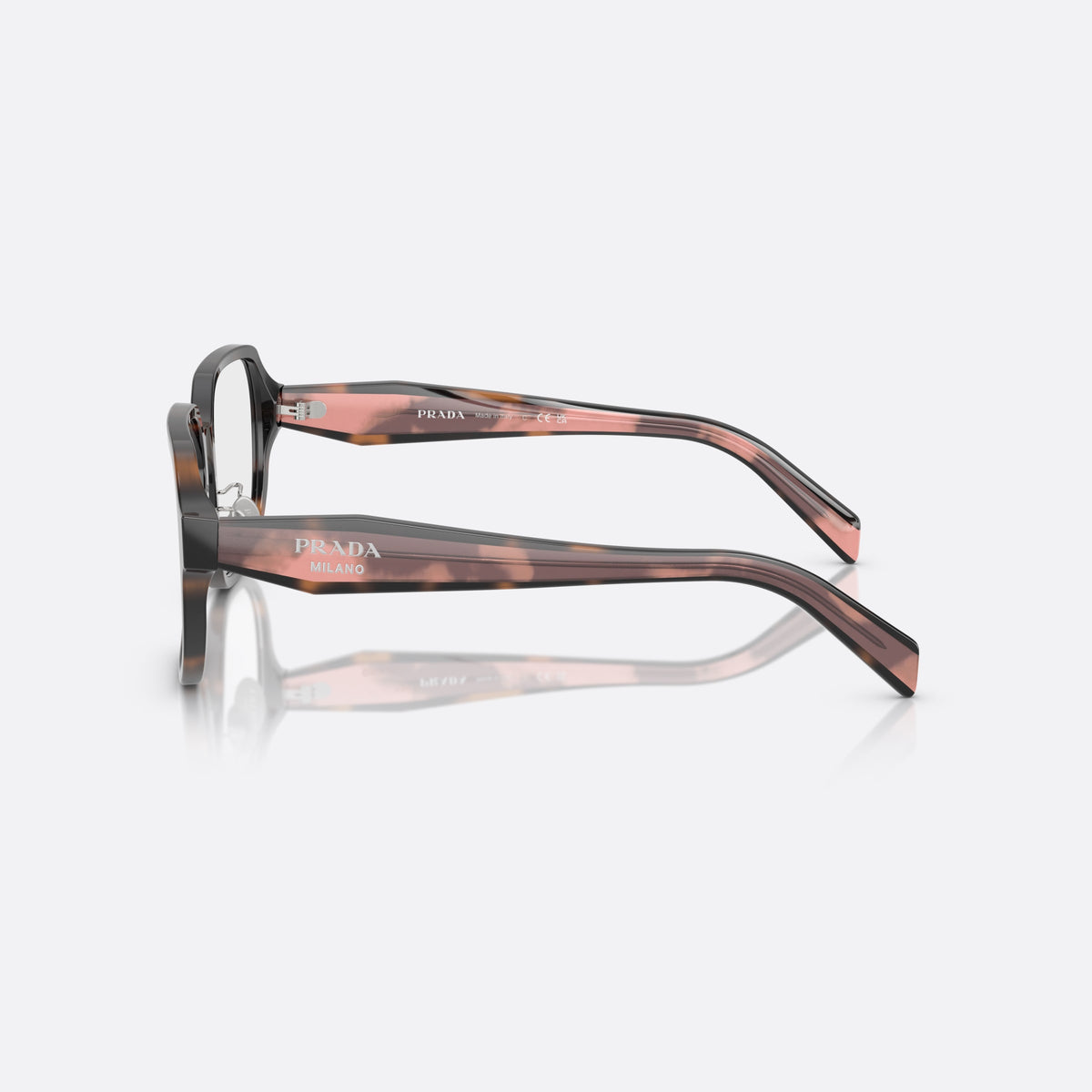 Prada PR B07VD 23A1O1 eyeglasses, havana visor frame for women, brand lettering on temples, full-rim thick frame, side view