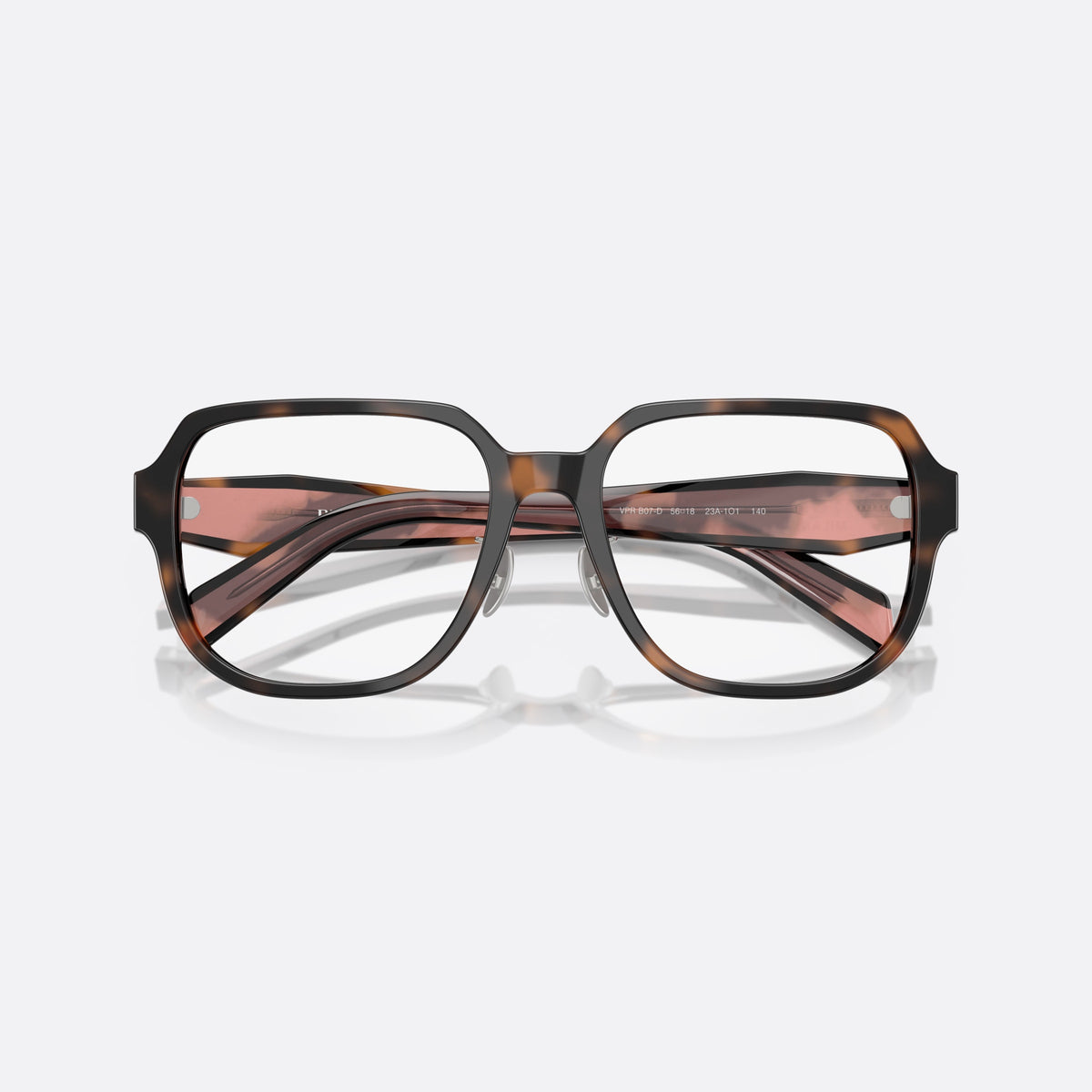 Prada PR B07VD 23A1O1 eyeglasses, havana visor frame for women, brand lettering on temples, full-rim thick frame, folded