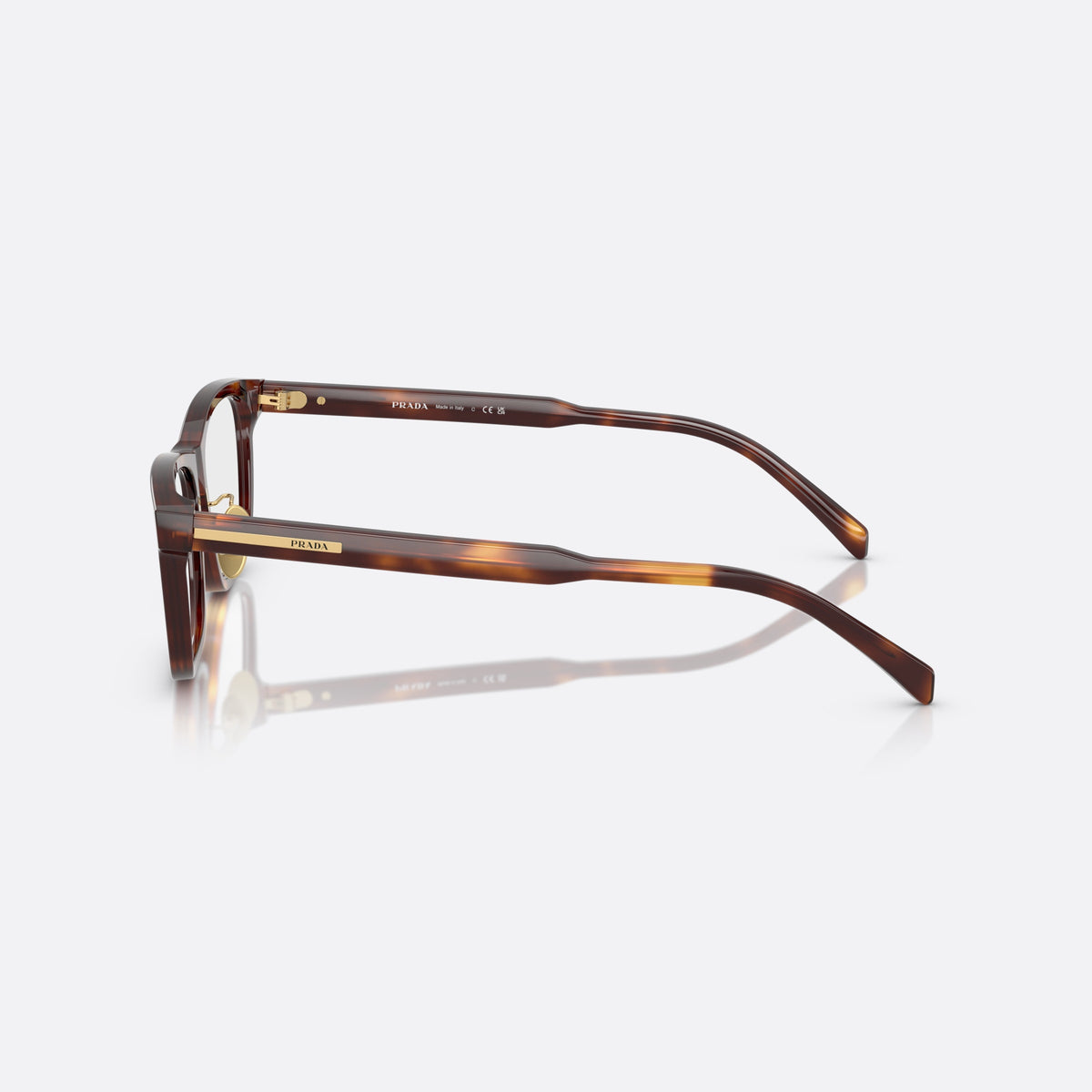 Prada PR B08VD 15W1O1 eyeglasses, havana visor frame for men, keyhole bridge, brand lettering on temples, full-rim frame, side view