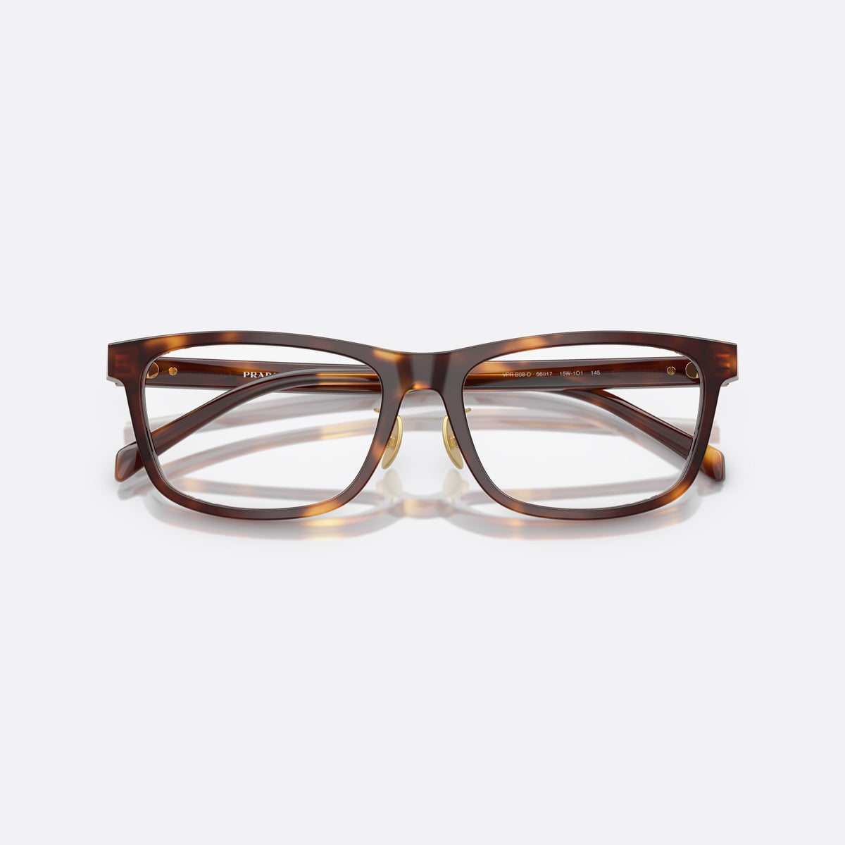 Prada PR B08VD 15W1O1 eyeglasses, havana visor frame for men, keyhole bridge, brand lettering on temples, full-rim frame, folded