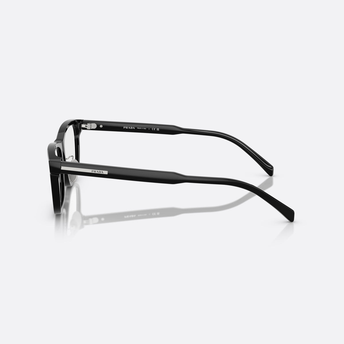Prada PR B08VD 16K1O1 eyeglasses, black visor frame for men, plain bridge, integrated design, brand lettering on temples, side view