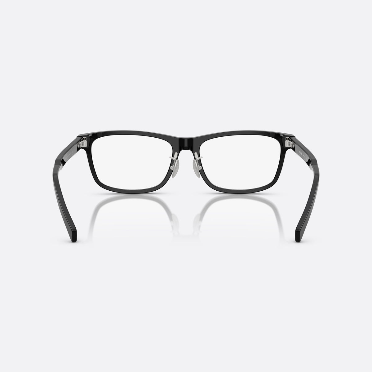 Prada PR B08VD 16K1O1 eyeglasses, black visor frame for men, plain bridge, integrated design, brand lettering on temples, back view