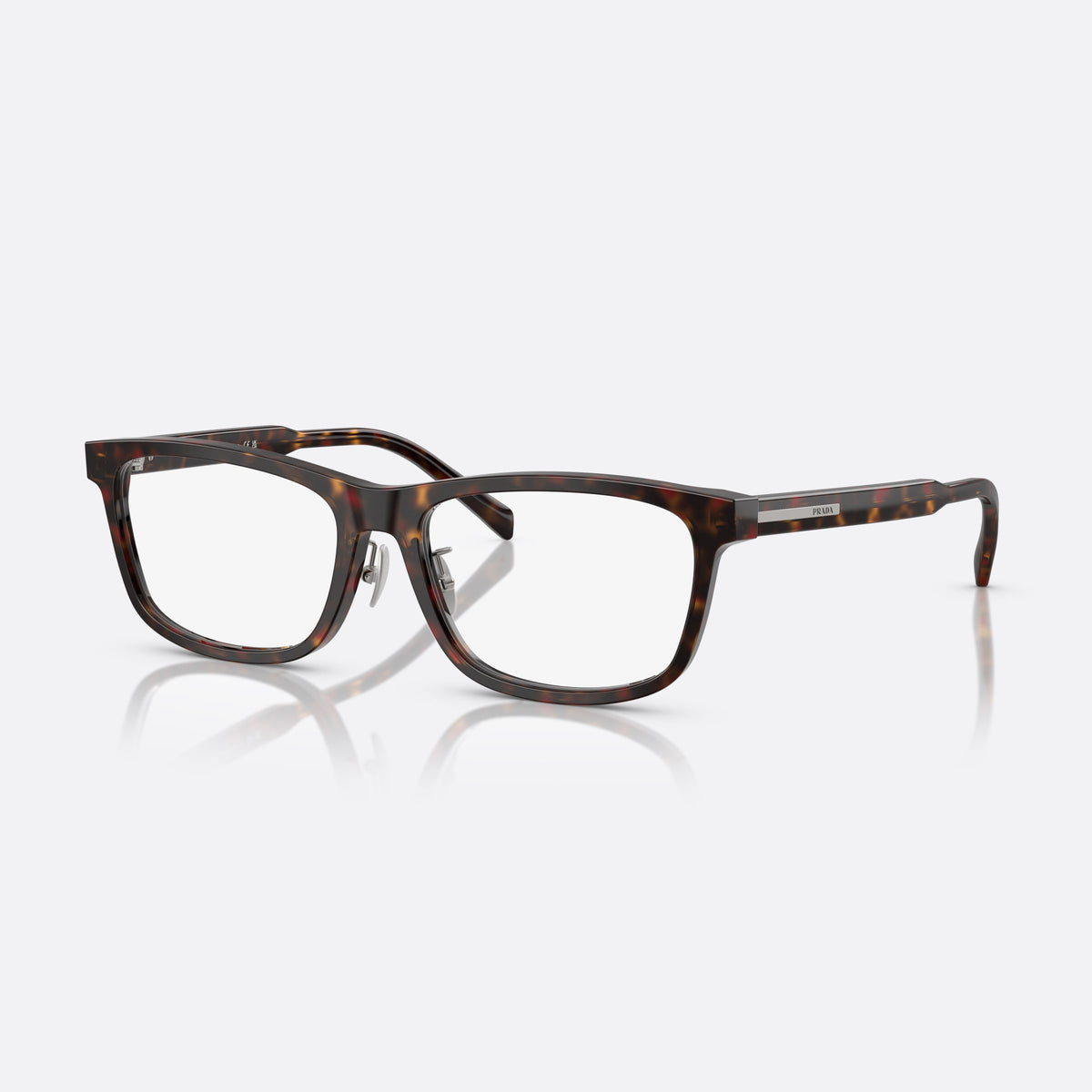 Prada PR B08VD 17N1O1 eyeglasses, havana visor frame for men, brand lettering on temples, full-rim thick acetate frame