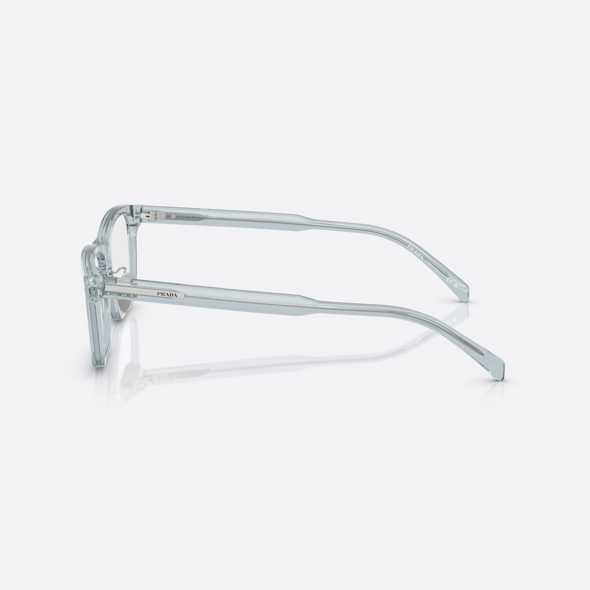 Prada PR B08VD 19T1O1 eyeglasses, blue visor frame for men, plain integrated bridge, brand lettering on temples, side view