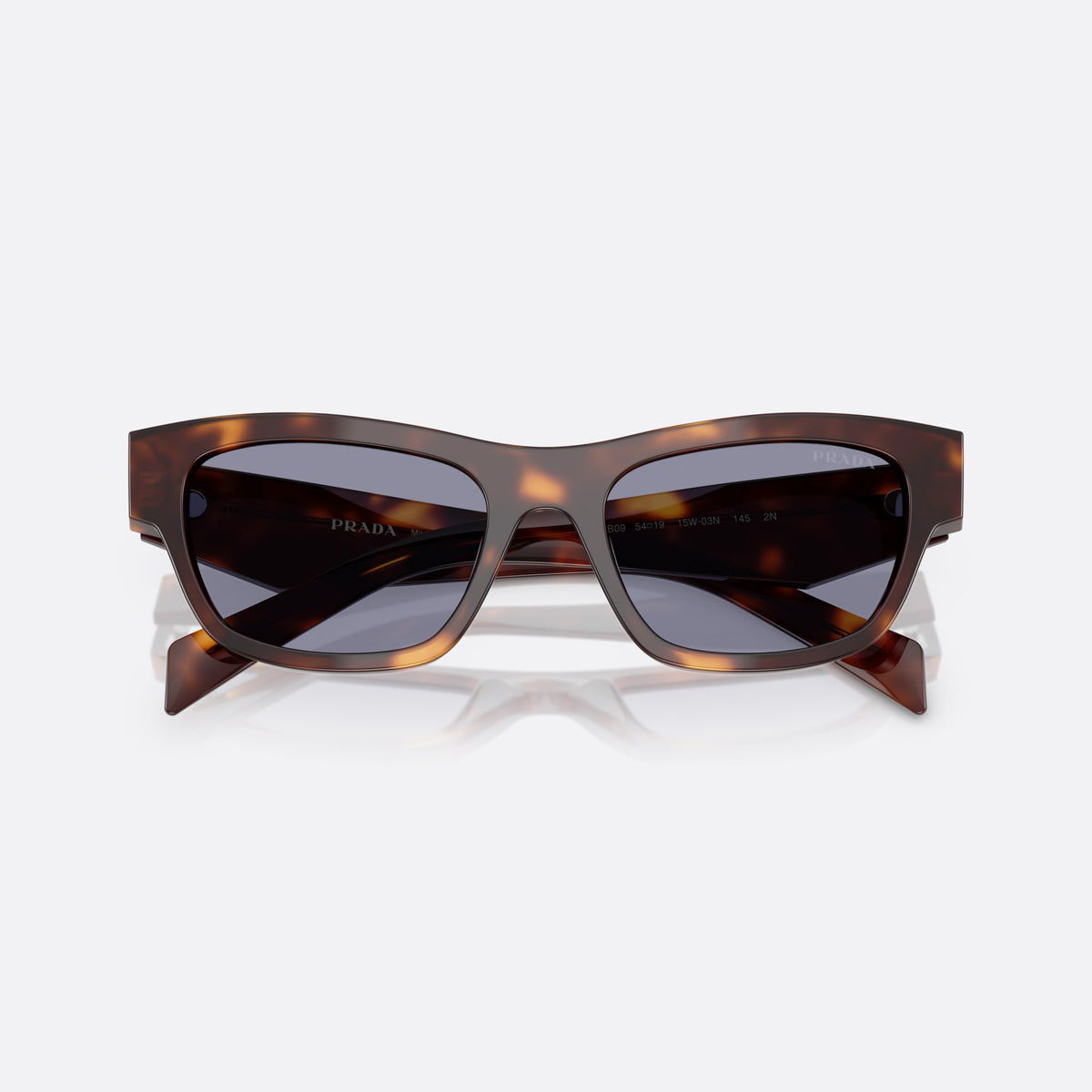 Prada PR B09S 15W03N sunglasses, havana butterfly frame for women, plain bridge, triangular brand logo plaque, folded
