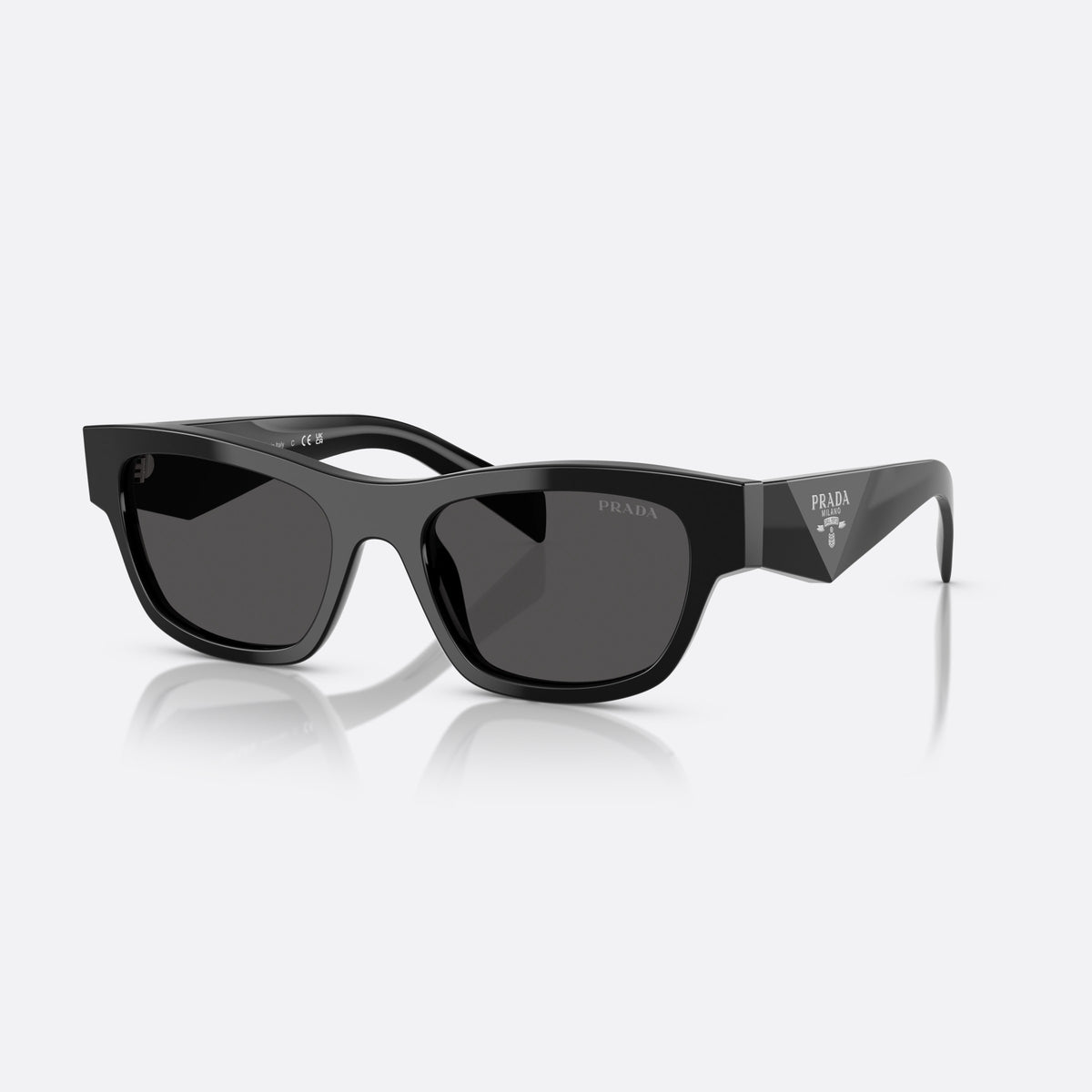 Prada PR B09S 16K08Z sunglasses, black butterfly frame for women, plain double bridge, brand logo on temple plaque