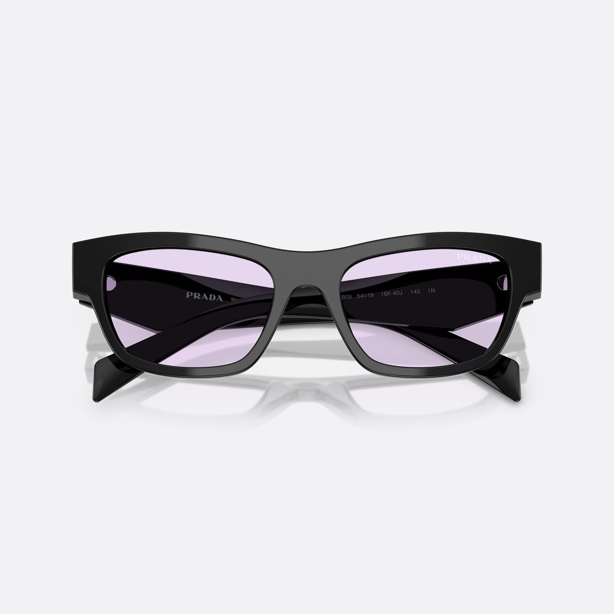 Prada PR B09S 16K40J sunglasses, black butterfly frame for women, plain bridge, integrated into frame, wide tapered temples, folded