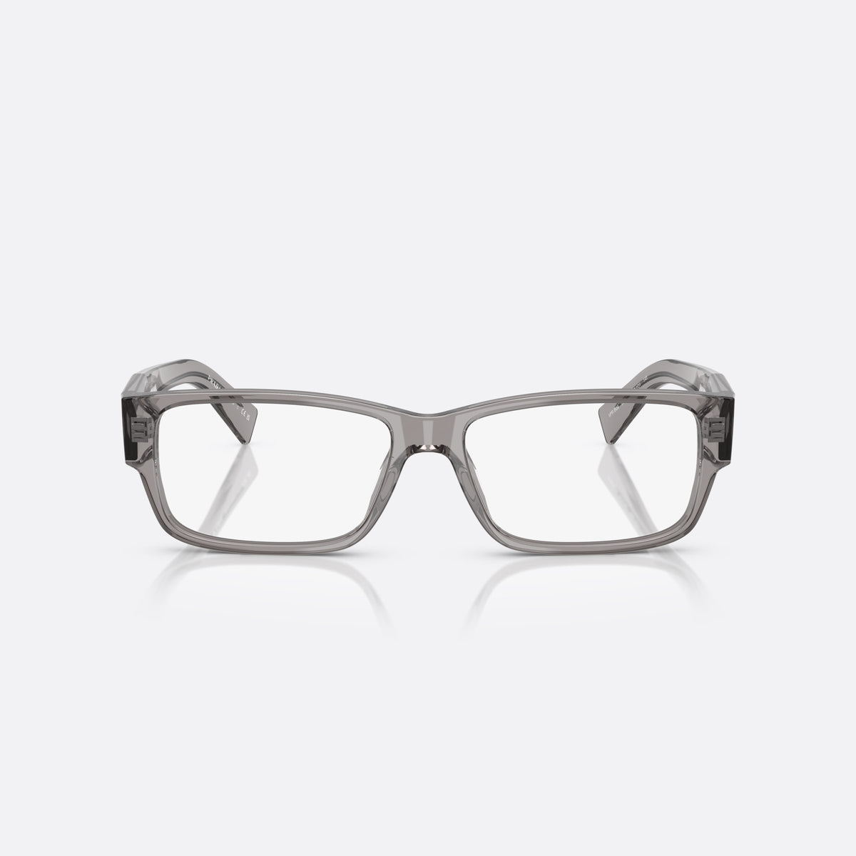 Prada PR B09V 16Z1O1 eyeglasses, grey visor frame for men, plain bridge, brand lettering on temples, front view