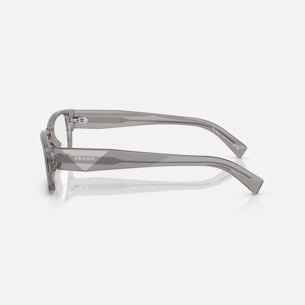 Prada PR B09V 16Z1O1 eyeglasses, grey visor frame for men, plain bridge, brand lettering on temples, full-rim frame, side view