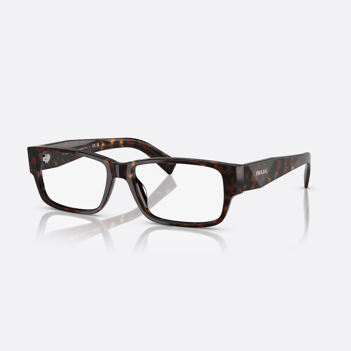 Prada PR B09V 17N1O1 eyeglasses, havana visor frame for men, plain double bridge, brand lettering on temples