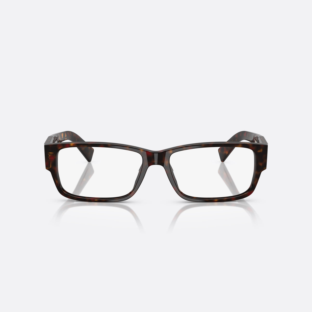 Prada PR B09V 17N1O1 eyeglasses, havana visor frame for men, plain double bridge, brand lettering on temples, front view