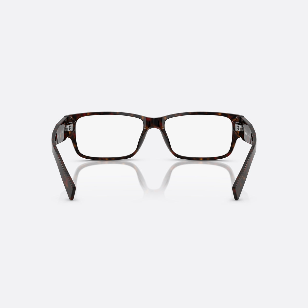 Prada PR B09V 17N1O1 eyeglasses, havana visor frame for men, plain double bridge, brand lettering on temples, back view