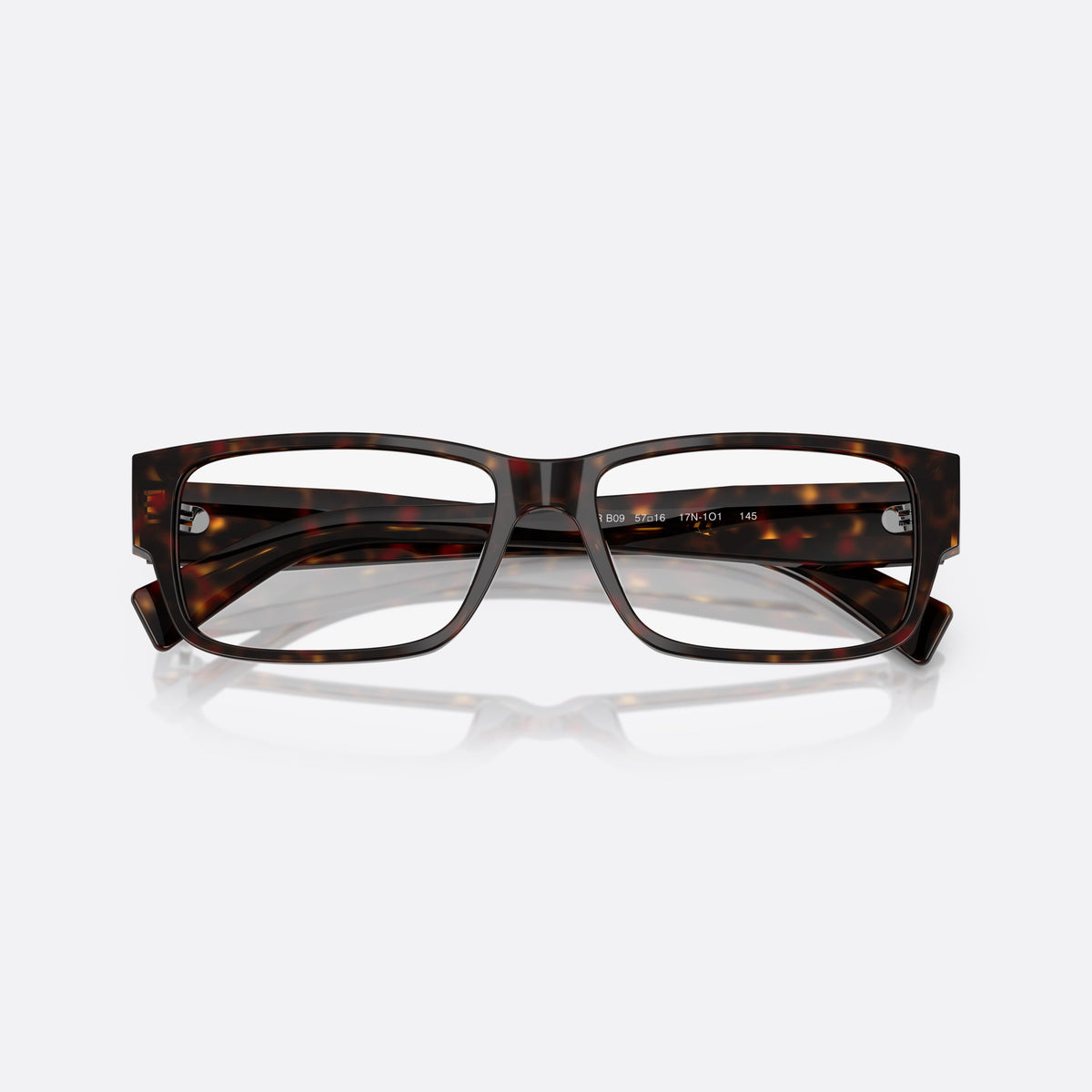 Prada PR B09V 17N1O1 eyeglasses, havana visor frame for men, plain double bridge, brand lettering on temples, folded