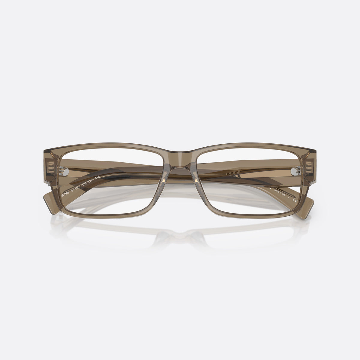 Rame ochelari de vedere Prada PR B09V 18T1O1, rectangulari maro, pentru bărbați, punte simplă tip șa, literele brandului pe brațe, cu brațele pliate