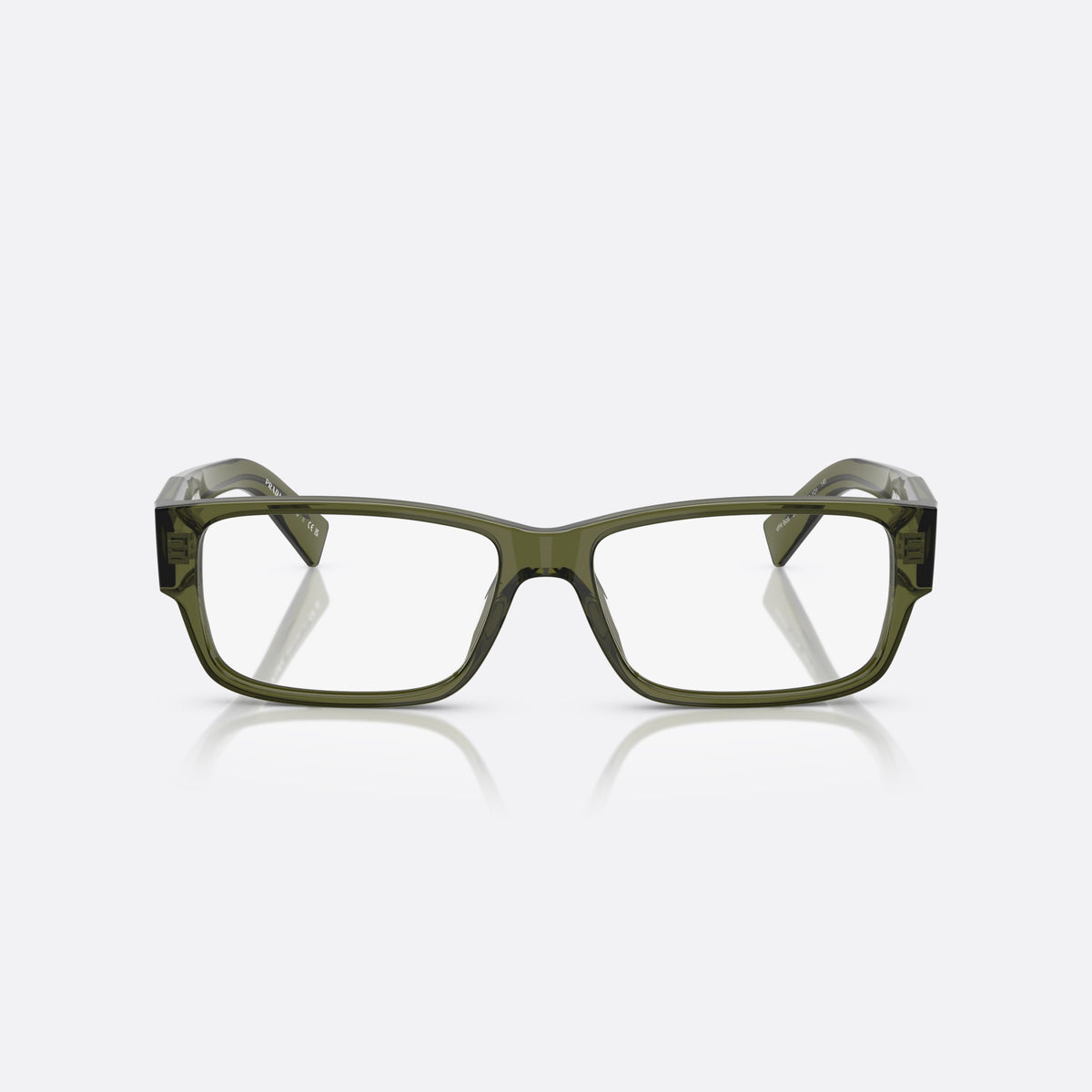 Prada PR B09V 25A1O1 eyeglasses, green visor frame for men, plain acetate bridge, brand lettering on temples, front view