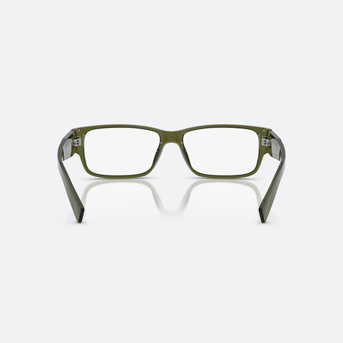 Prada PR B09V 25A1O1 eyeglasses, green visor frame for men, plain acetate bridge, brand lettering on temples, back view