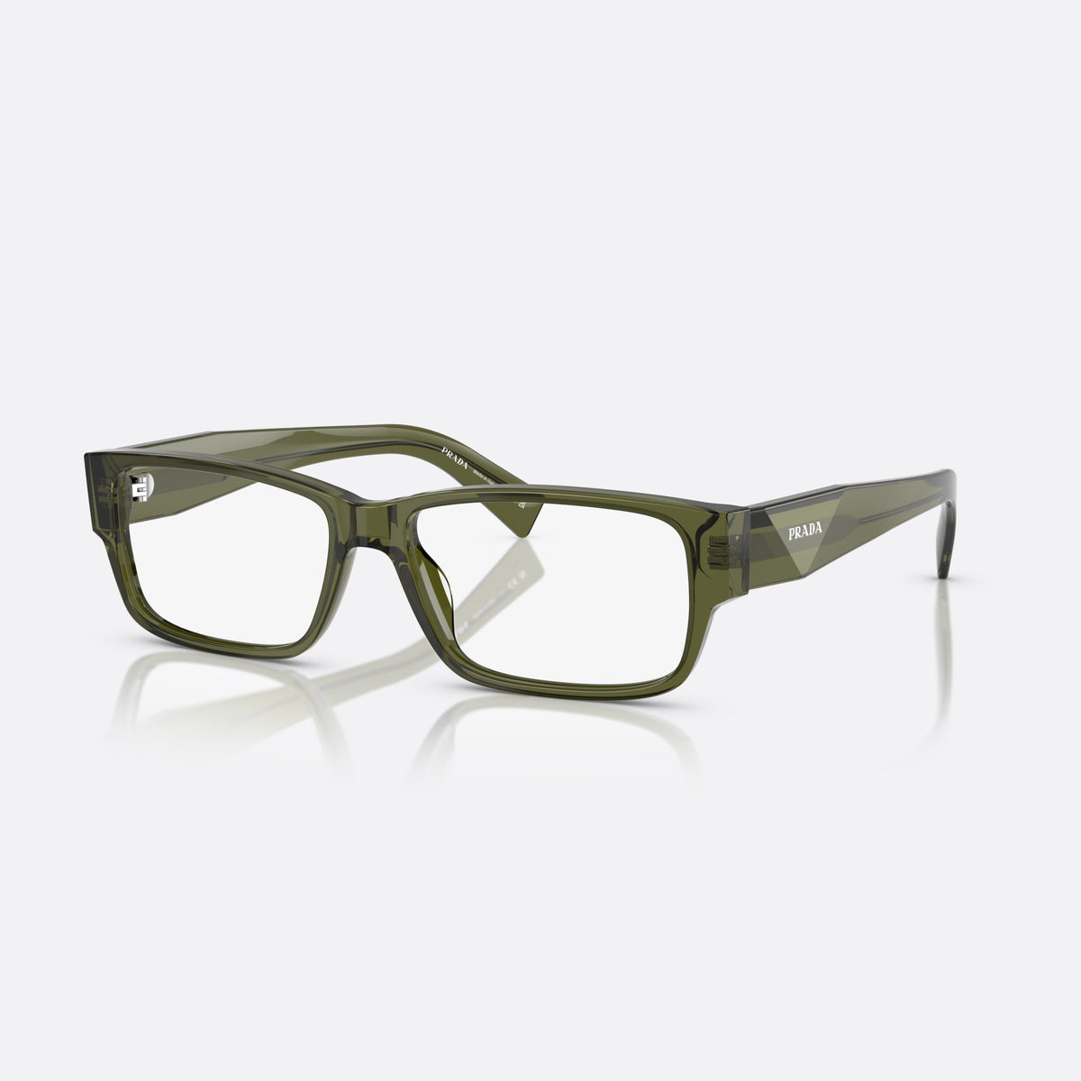 Prada PR B09V 25A1O1 eyeglasses, green visor frame for men, plain bridge, brand lettering on temples, silver-tone hinges