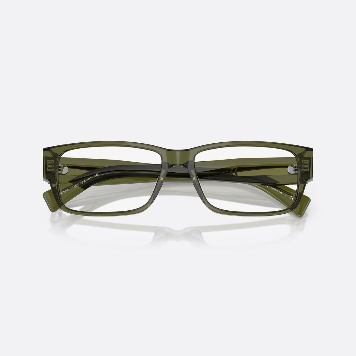 Prada PR B09V 25A1O1 eyeglasses, green visor frame for men, plain bridge, brand lettering on temples, silver-tone hinges, folded