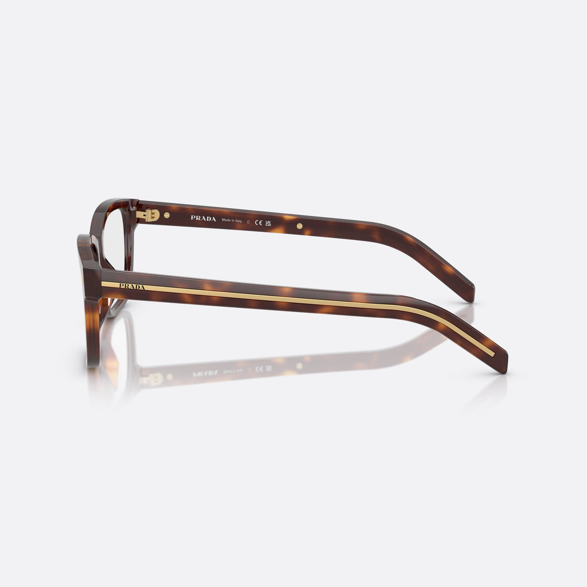 Prada PR B10V 15W1O1 eyeglasses, havana visor frame for men, plain bridge, integrated into frame, full-rim frame, side view