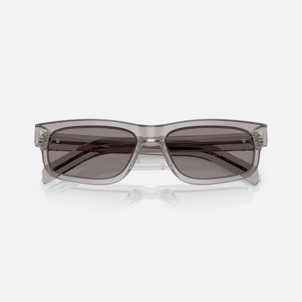 Prada PR B11S 10J03D sunglasses, grey rectangle frame for men, integrated plain bridge, brand lettering on temples, folded
