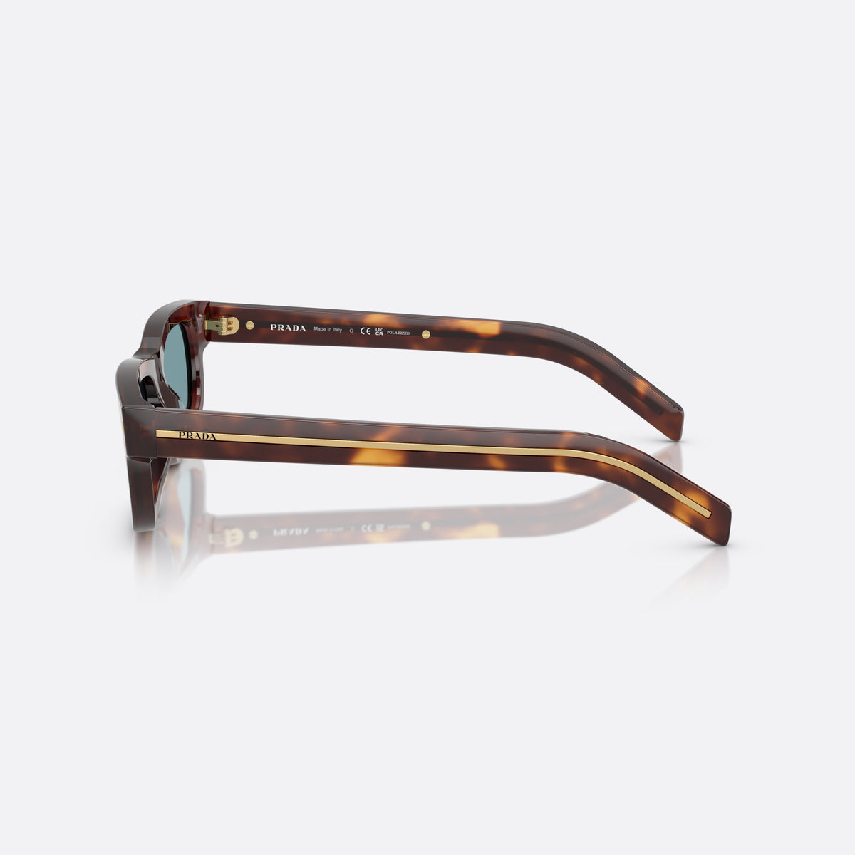 Prada PR B11S 15W04D sunglasses, havana rectangle frame for men, plain bridge, brand lettering on temples, full-rim frame, side view